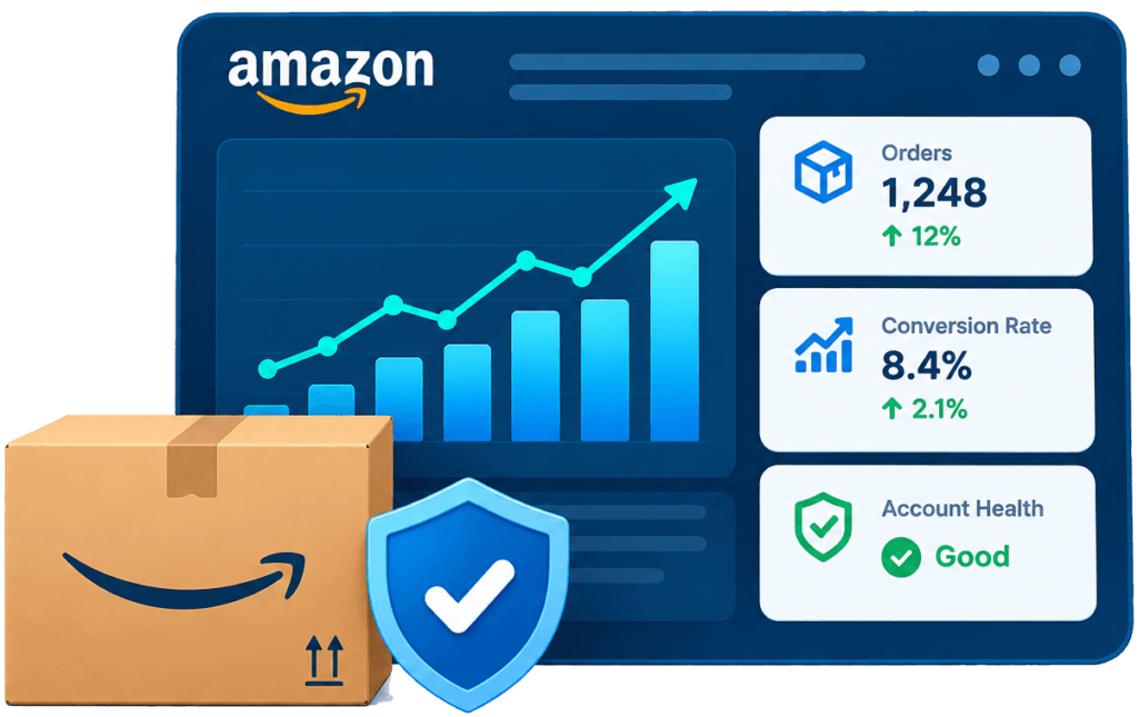 Amazon seller account dashboard showing orders, conversion rate and account health